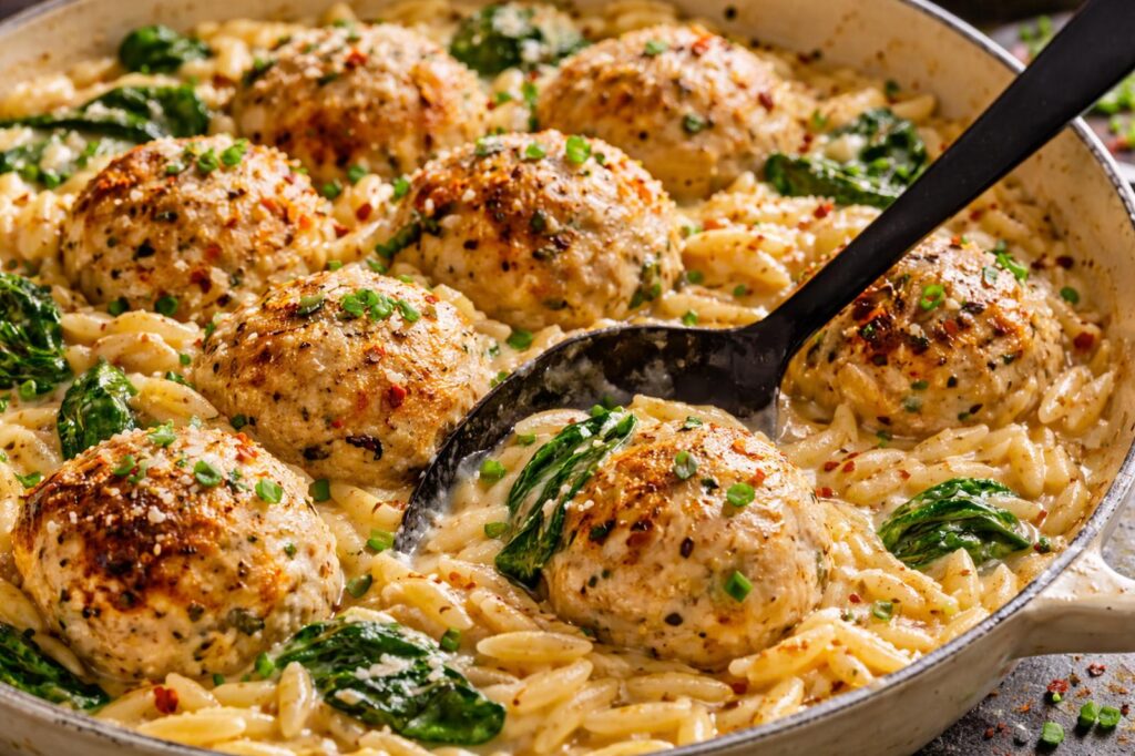 Cheesy Creamy Orzo Chicken Meatballs