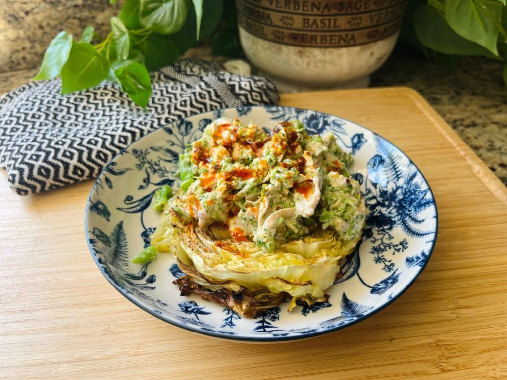 Cheesy Chicken and Broccoli over Roasted Cabbage